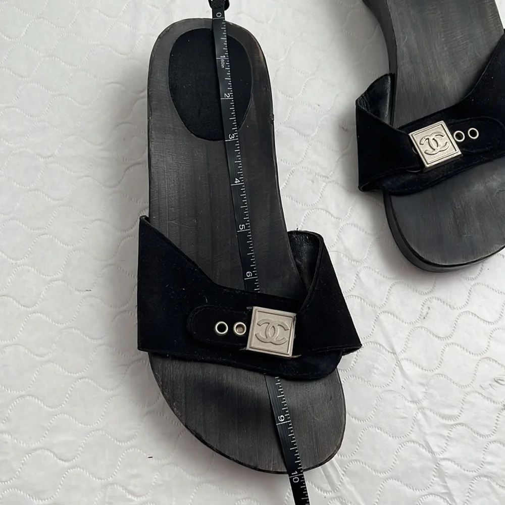Chanel 2000s black wood slide logo sandals